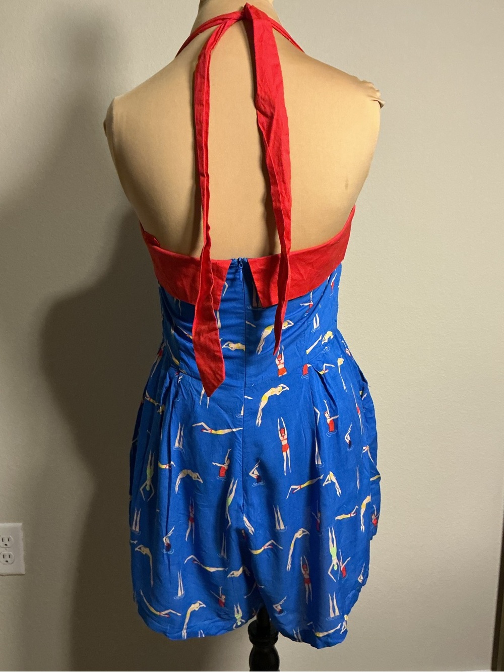 Blue Retro Swimsuit Romper with Red Halter Top - Picture 3 of 9